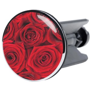 Sanilo Waschbeckenstöpsel mit Rosenmuster, verchromter Messingkopf und Kunststoffkörper.