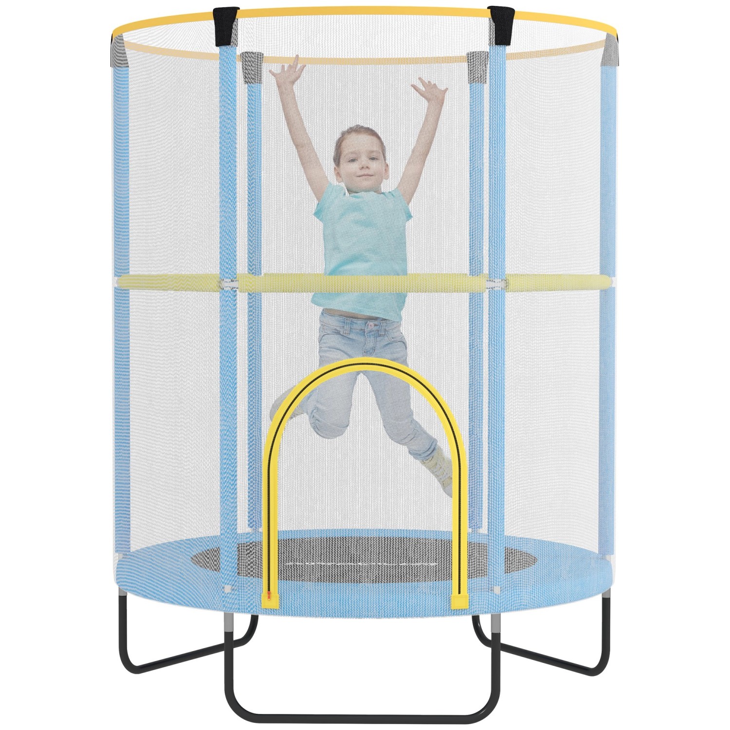 AIYAPLAY Kids Trampoline Stahl Kunststoff Blau Gelb 140L x 140B x 190H cm