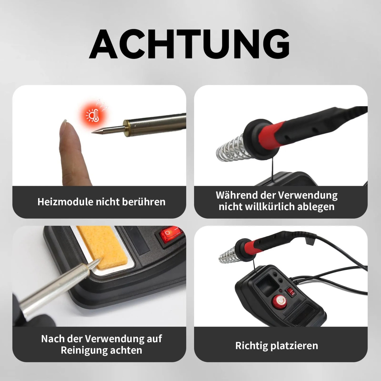 Sicherheitshinweise für CCLIFE Lötstation: Umgang mit heißem Lötkolben, korrekte Ablage und Reinigung der Lötspitze.