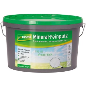 proMineral Mineral Feinputz 8 kg Eimer mit grünem Deckel. Weißer Silikatputz, 0,5 mm Körnung, atmungsaktiv für Innenwände.