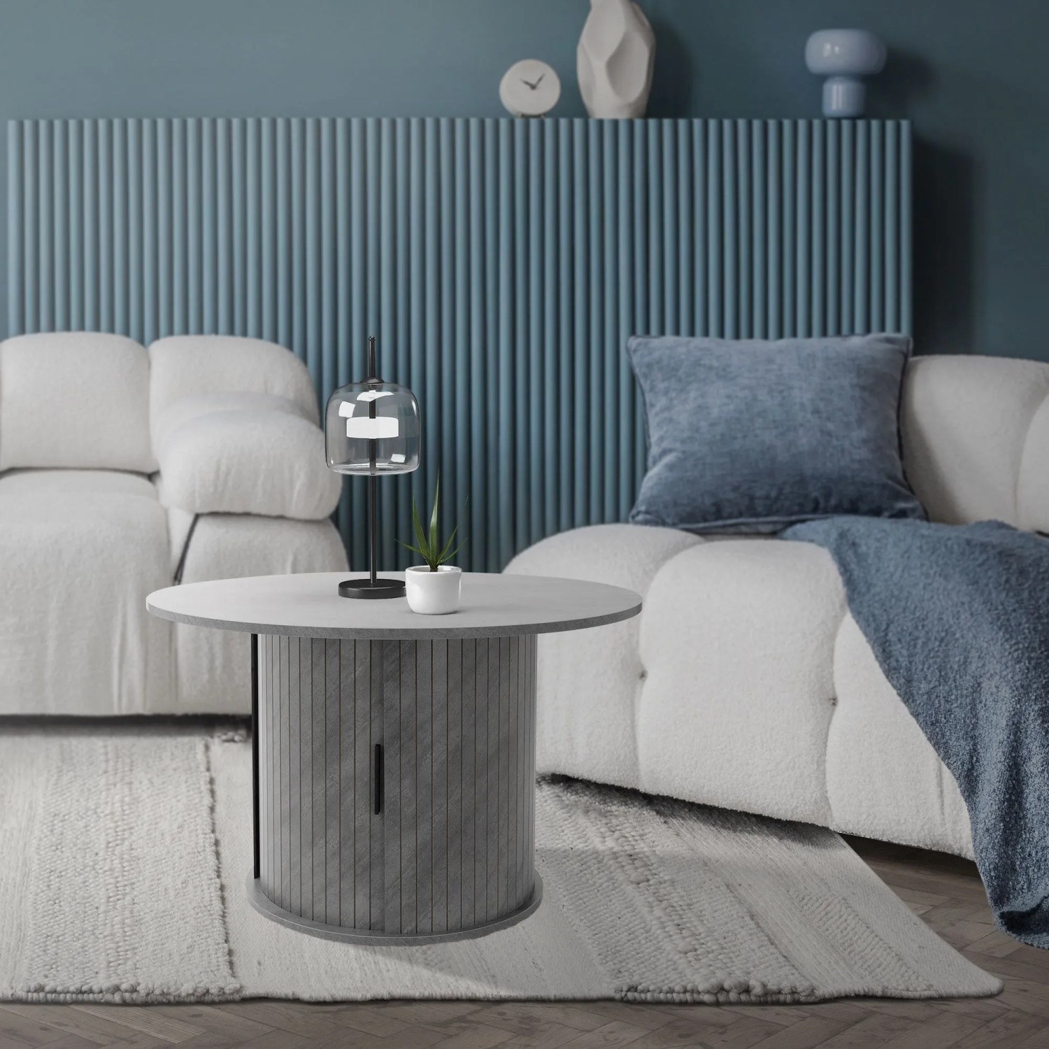 Runder Couchtisch in Beton-Optik Grau mit Schiebetür und Stauraum im modernen Wohnzimmer. Ø80x50 cm.