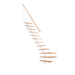 Minka Mittelholmtreppe Style Turn Buche Weiß, Raumspartreppe mit Buchenholzstufen und weißem Geländer.