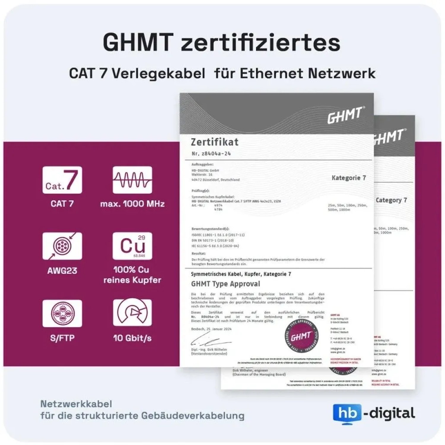 hb-digital Netzwerkkabel CAT 7 S/FTP halogenfrei Duplex AWG23 500m ...