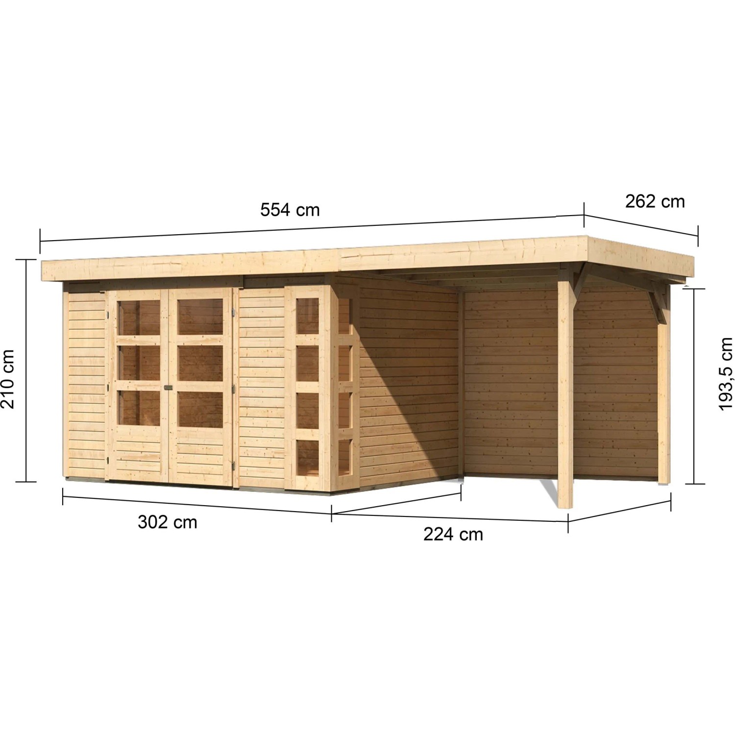 Karibu Holz-Gartenhaus Sölve, unbehandelt, mit Flachdach und Anbau, Maße: 298x242 cm.
