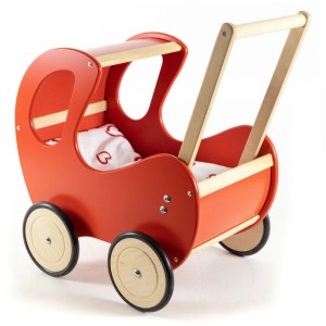 Roter HolzFee Lauflernwagen Retro Puppenwagen aus Holz mit Bettzeug und Gummibereifung für Kinder.