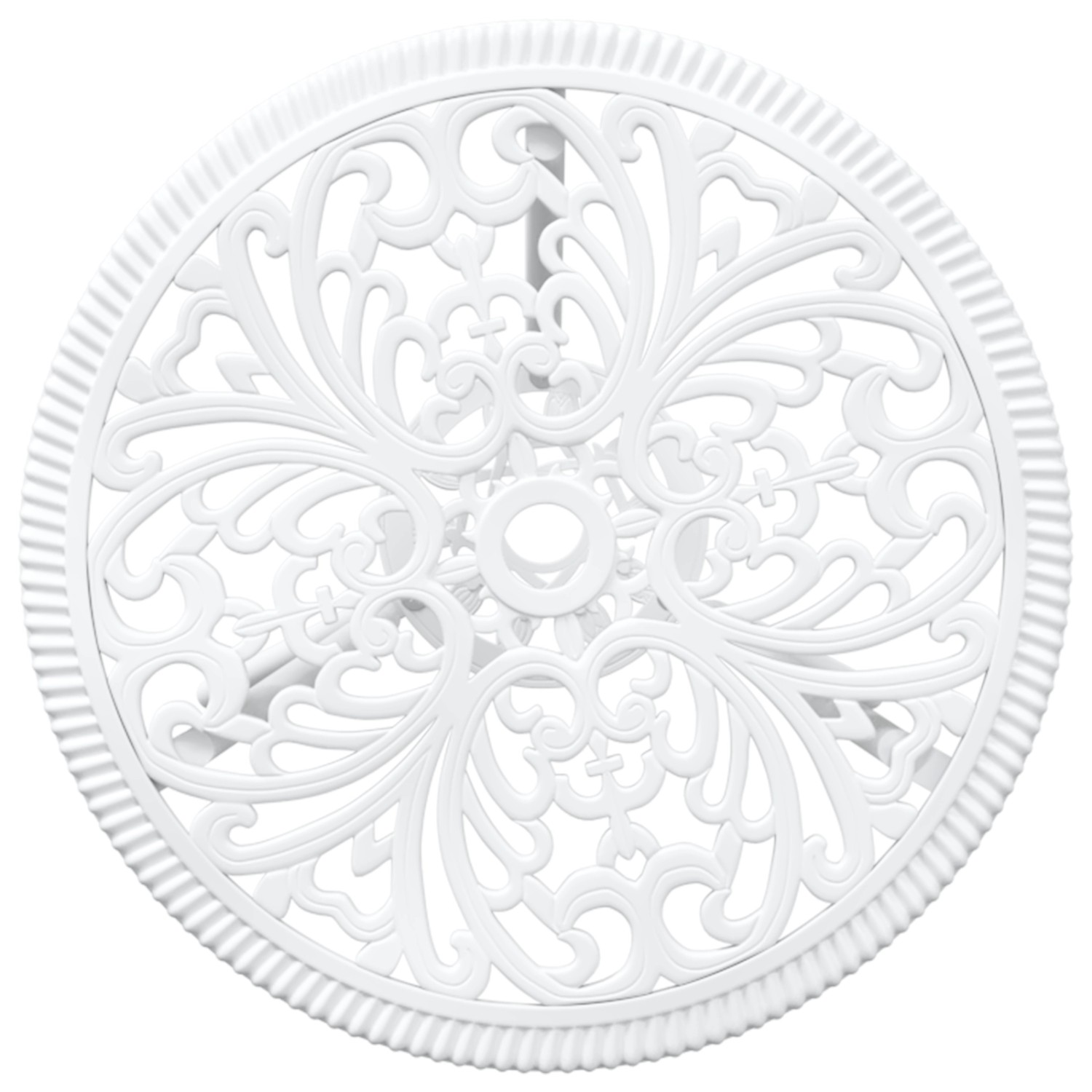 Detailansicht der Tischplatte des weißen vidaXL Garten Bistro Sets aus Aluminium mit filigranem Muster.