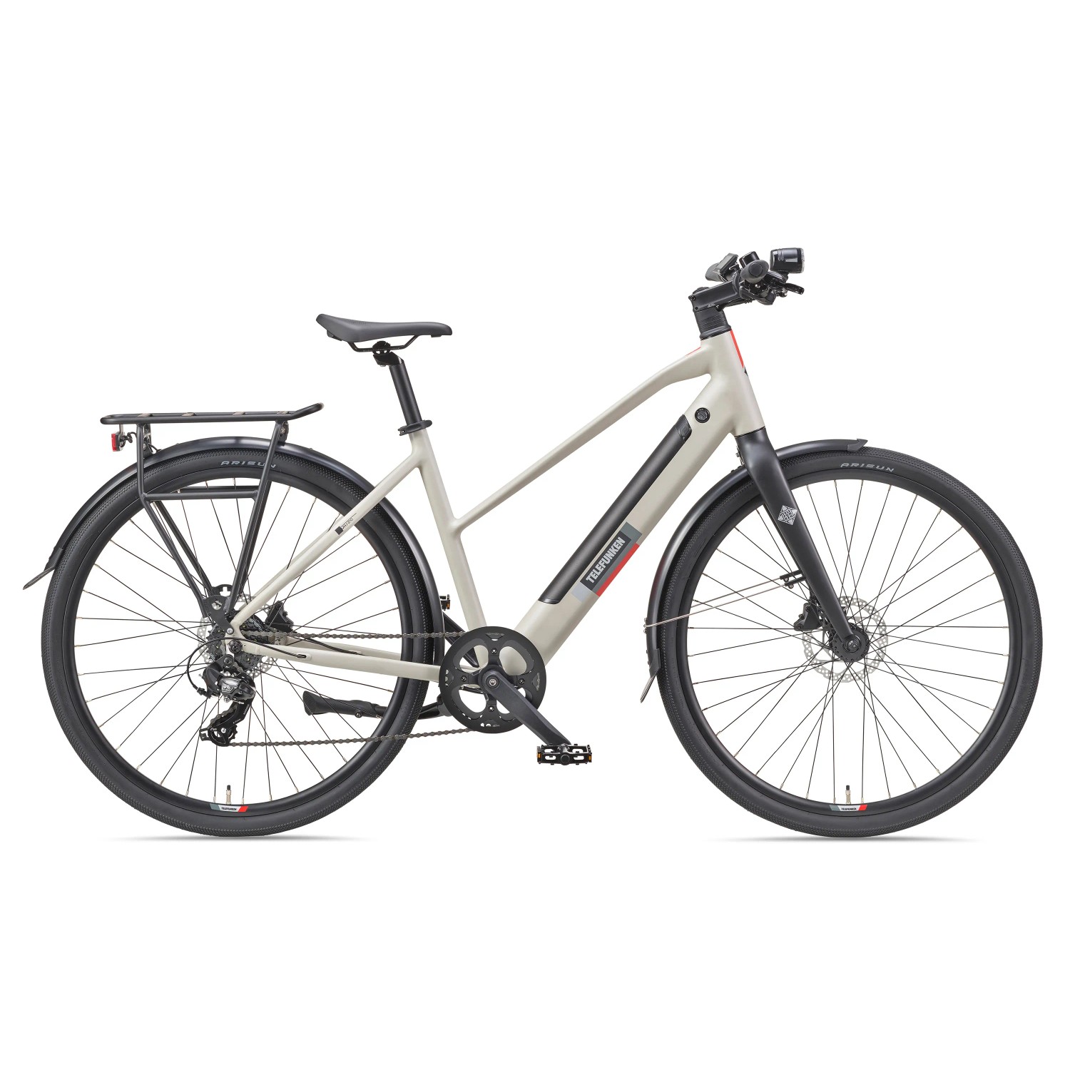 TELEFUNKEN UH210 E-Bike in Seidengrau, 28 Zoll mit Gepäckträger und Straßenausstattung.