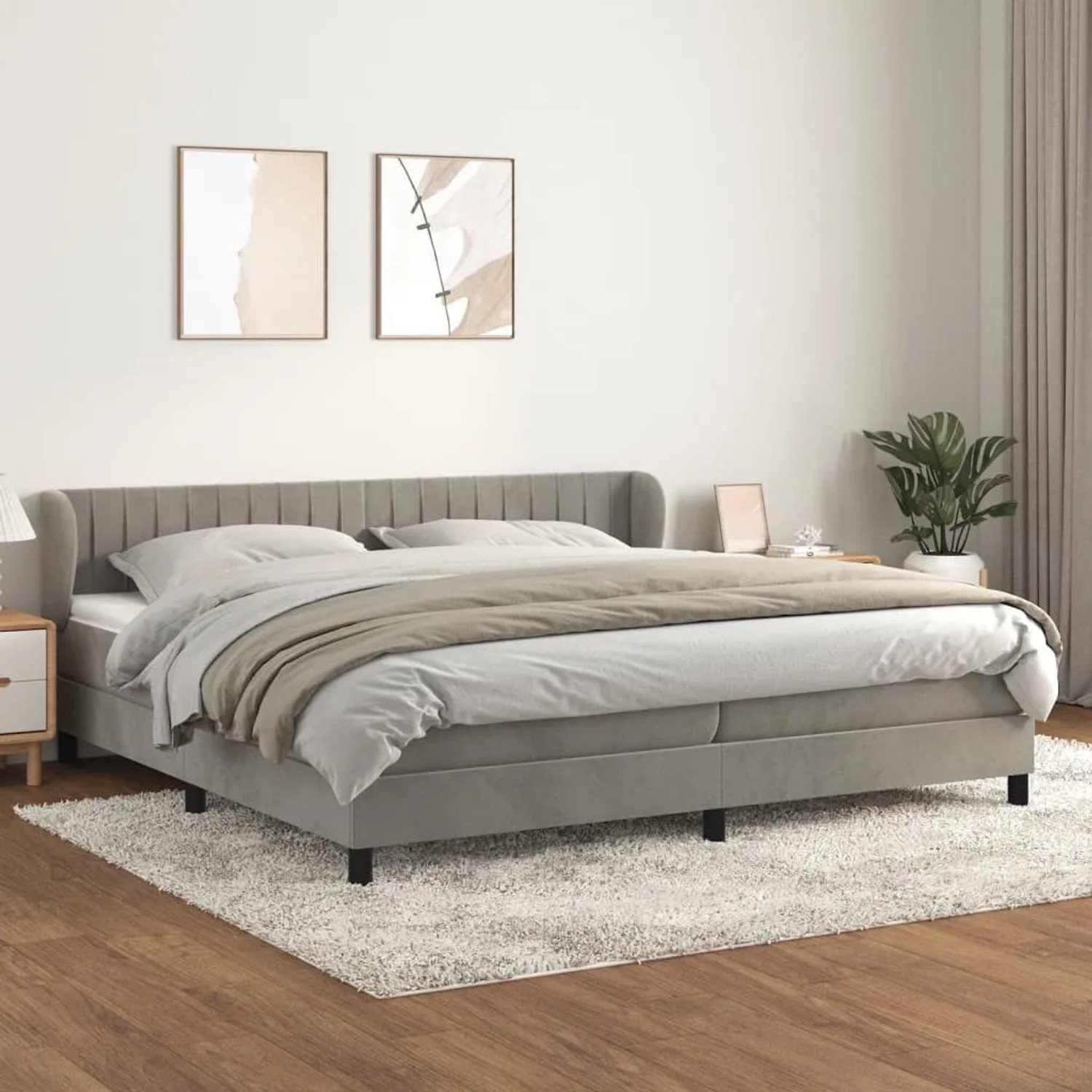 Hellgraues vidaXL Boxspringbett 200x200 cm mit Samtbezug, inklusive Matratze und Topper.