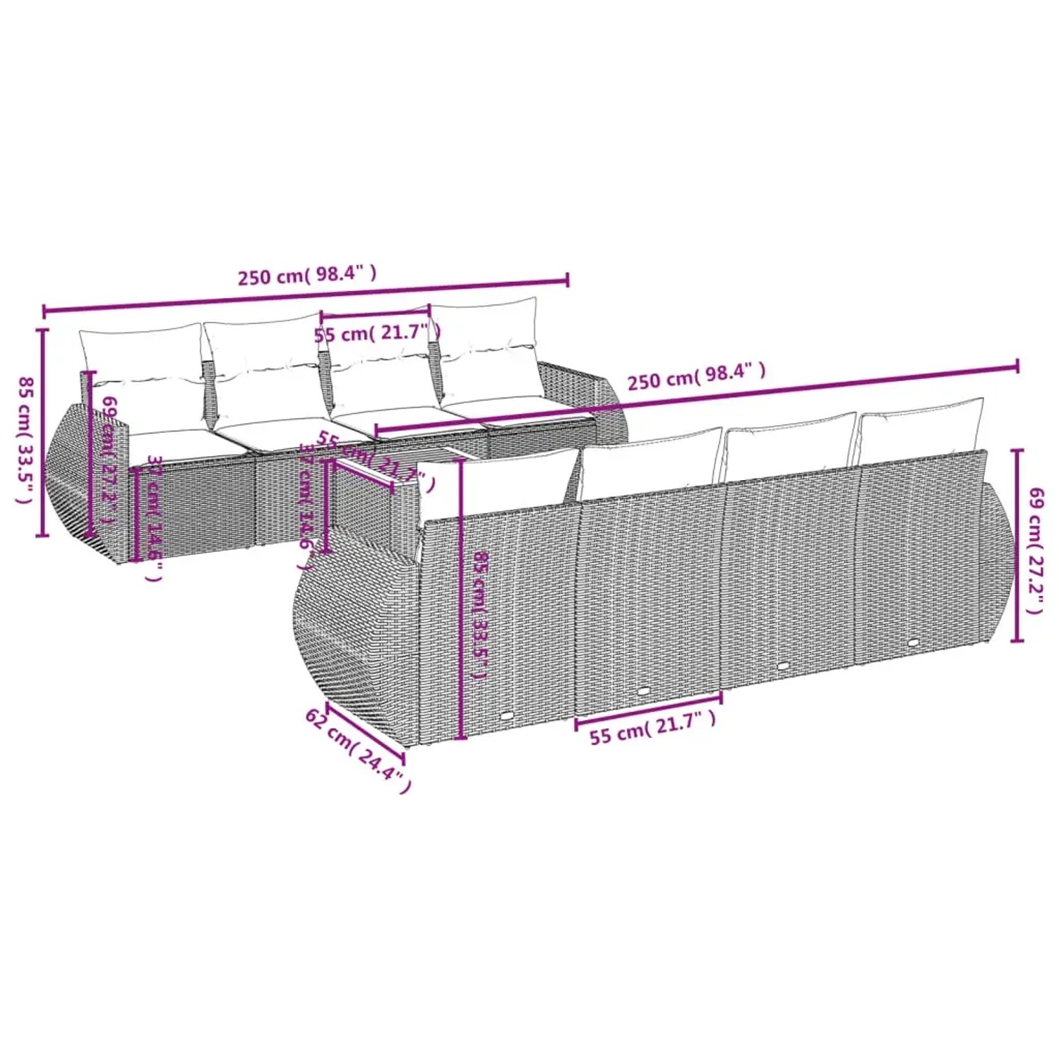 vidaXL 9-tlg. Garten-Sofagarnitur, schwarz, Poly Rattan, mit Maßangaben. Ideal für Gartenmöbel.