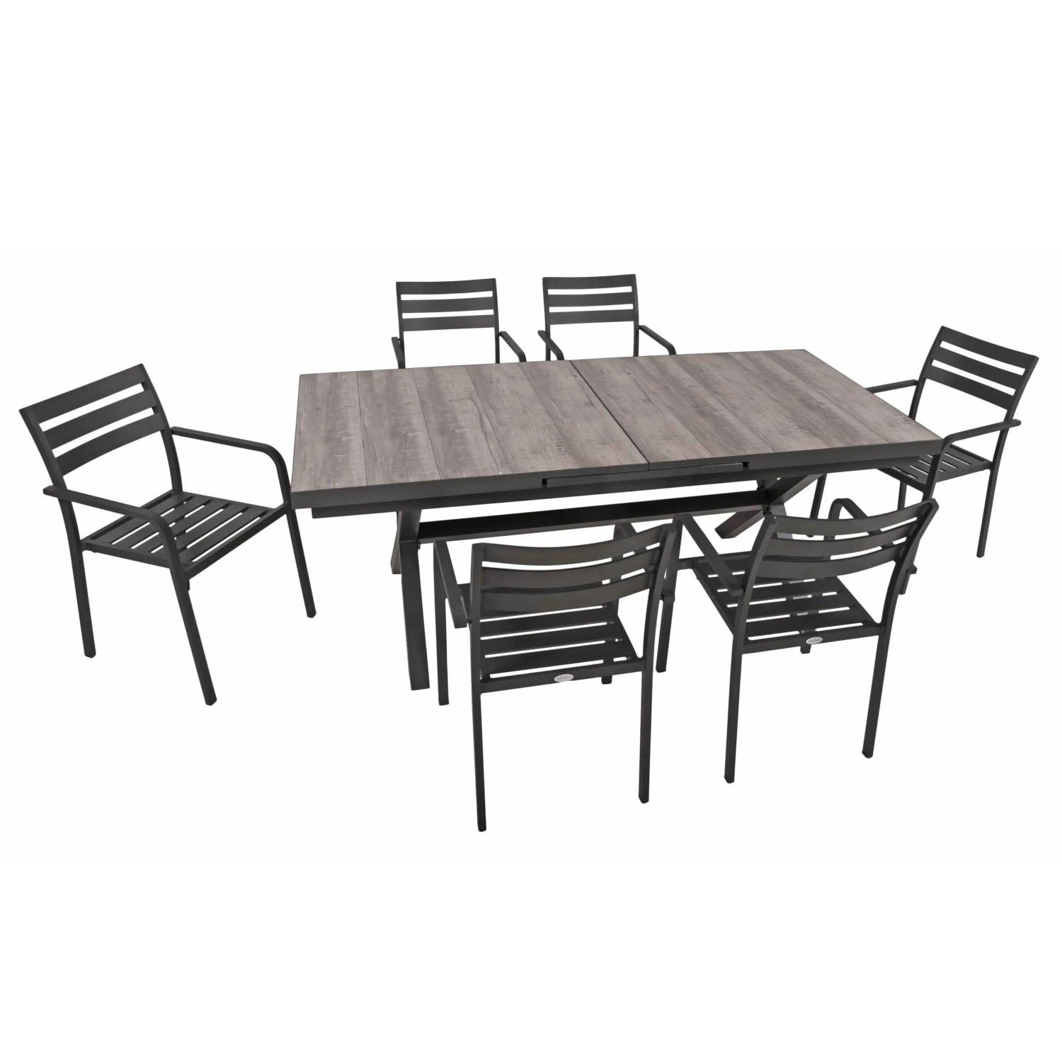 DELUKE Garten-Sitzgruppe JOANA 7-tlg. Alu-Keramik Eiche-Optik Schwarz Gartenmöbel-Set Garten-Essgruppe Stühle B Esstisch