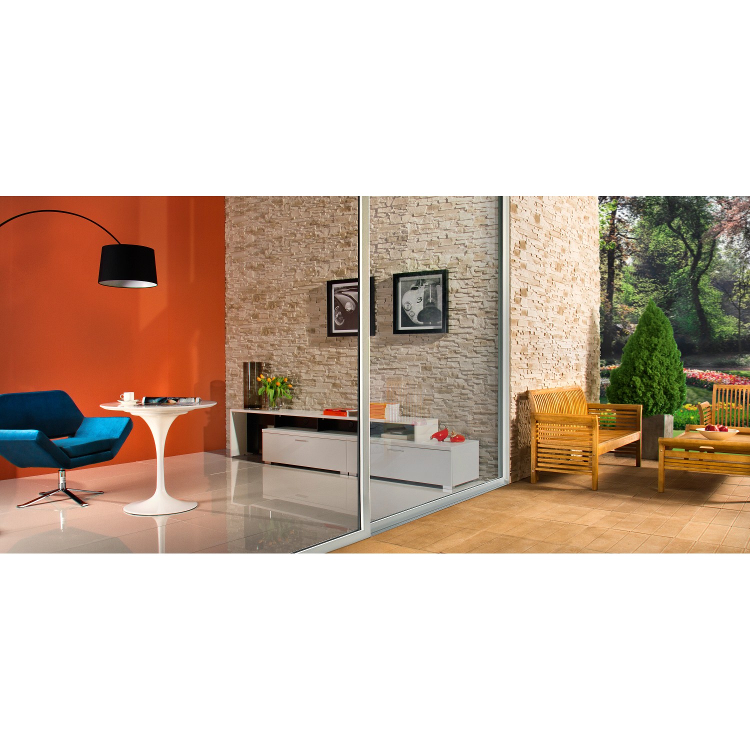 Stegu Verblender Madera Beige an Wand im Innen- und Außenbereich.