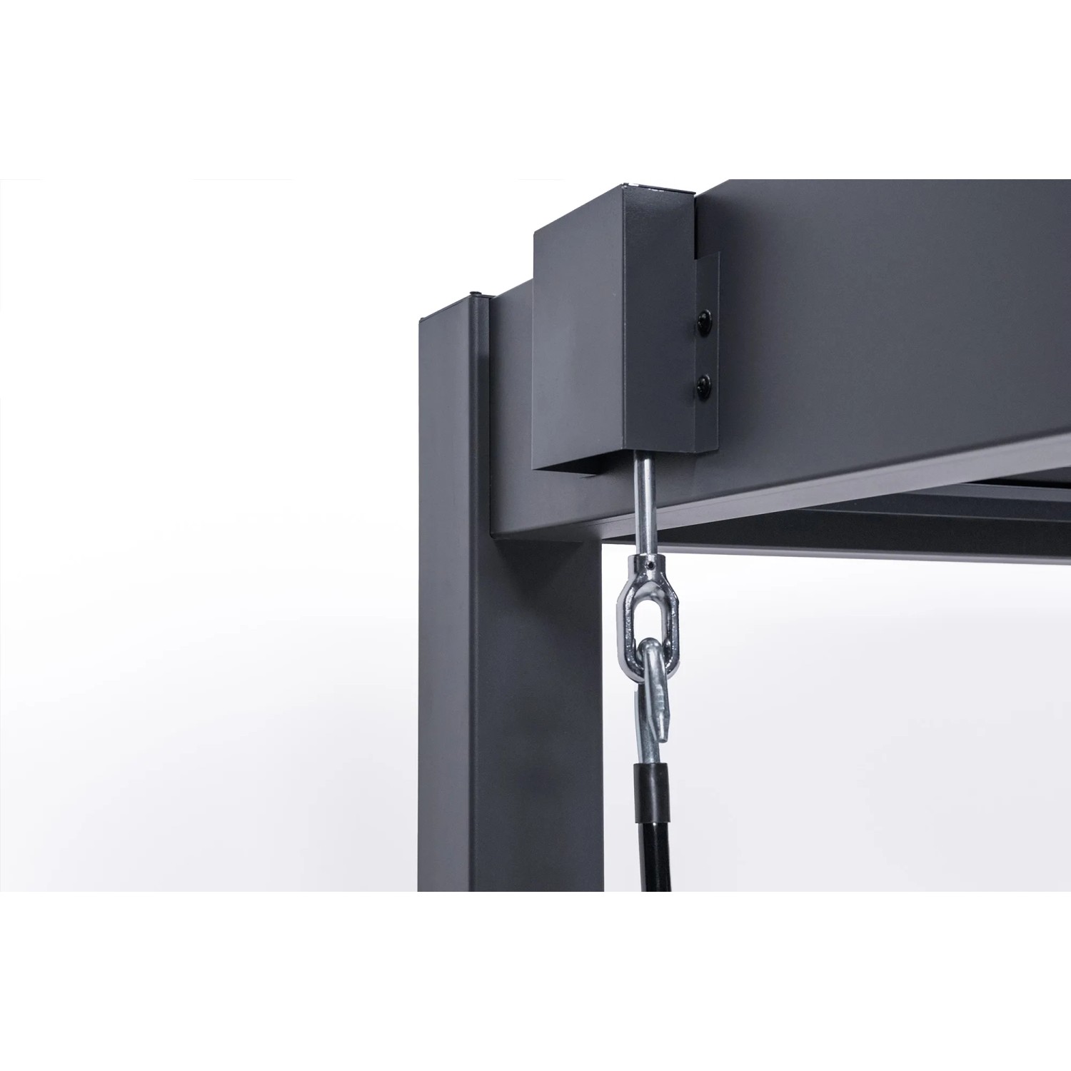 Detailaufnahme der grauen Cazeboo Piana Bioklimatik Pergola: Aluminiumstruktur mit Stahlseil.