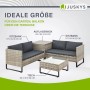 Graue Juskys Polyrattan Lounge Santorini mit Tisch und Auflagenbox für den Garten.