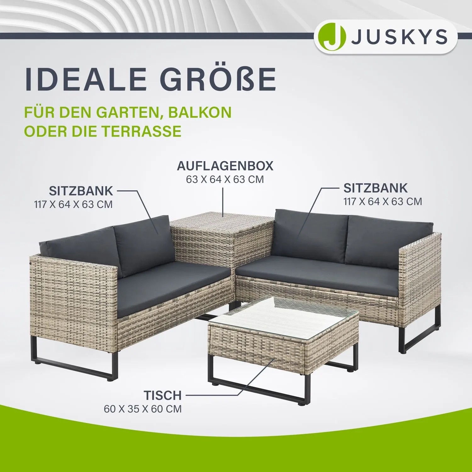 Graue Juskys Polyrattan Lounge Santorini mit Tisch und Auflagenbox für den Garten.