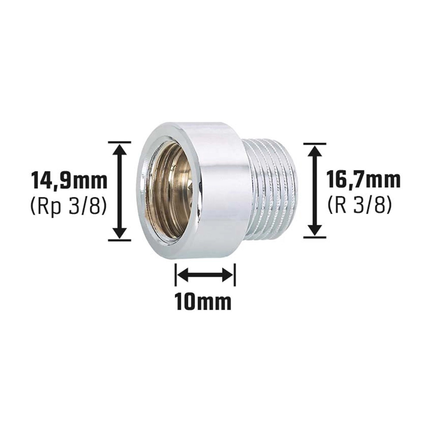Verchromte Hahnverlängerung aus Messing, 14,9 mm x 16,7 mm, 10 mm lang.