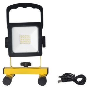 LED Arbeitsleuchte, aufladbar, 12W, 1200 Lumen, 6500K, IP54, schwarz-gelb mit USB-Kabel.