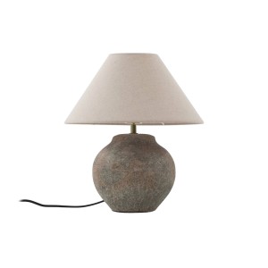 Braune Lucande Tischlampe Thalorin im Skandi-Stil aus Keramik mit Textilschirm.