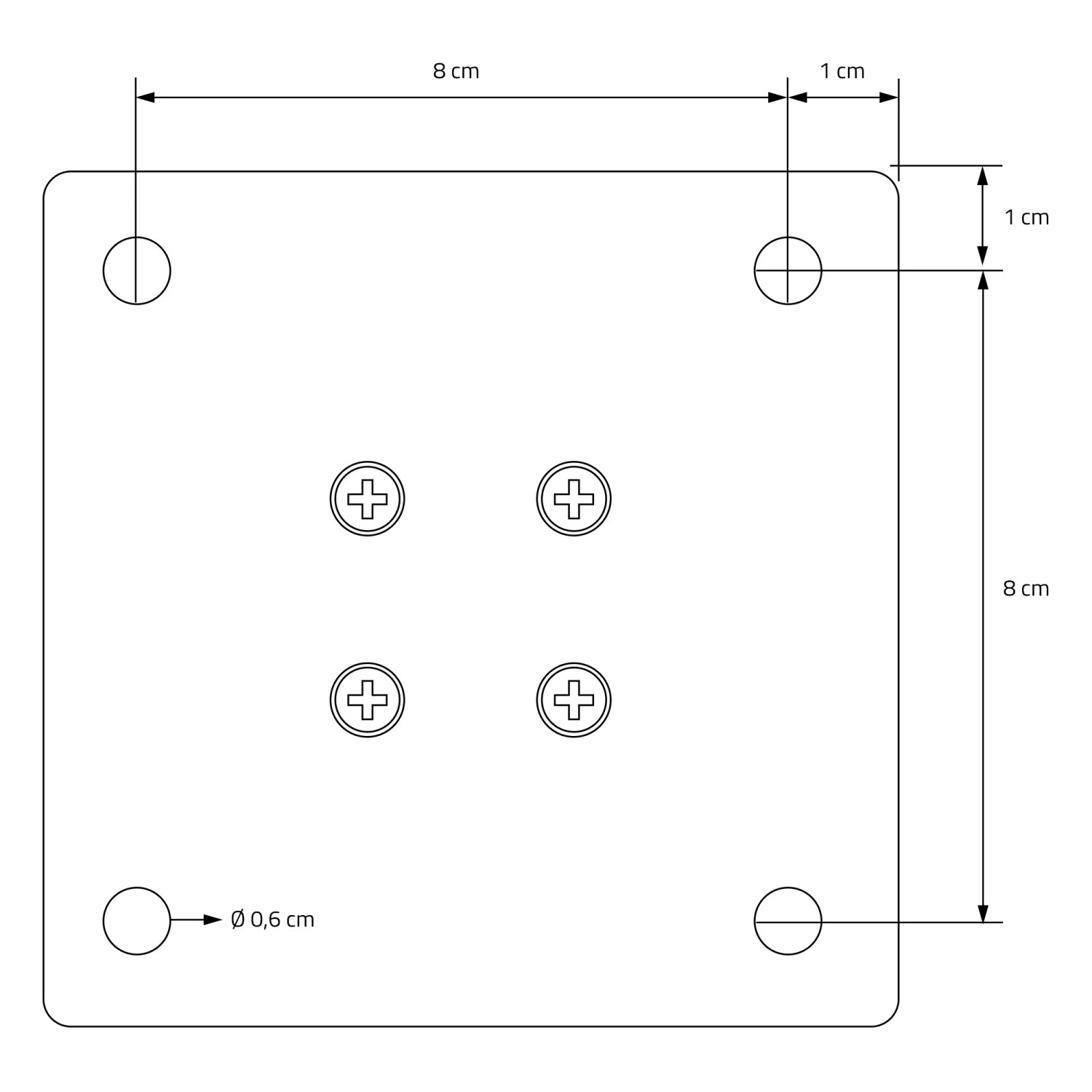 Detailaufnahme Montageplatte der ML-Design Tischbeine, 8x8cm mit Bohrlöchern.