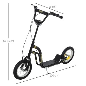 Schwarzer HOMCOM Kinderroller mit Luftreifen und Größenangaben.