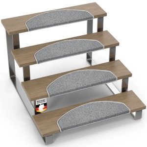 15er-Set graue, halbrunde KARAT Stufenmatten London Pro auf einer Treppe.