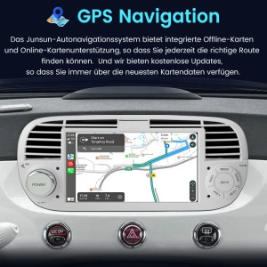 Junsun Autoradio für Fiat 500 im Armaturenbrett. Großes Touchscreen-Display zeigt GPS Navigation mit Routenführung.