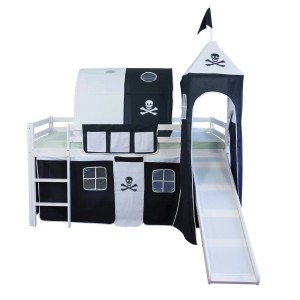 Schwarzes Homestyle4u Tunnel Bogen Zelt als Bettzelt für ein Kinder Hochbett mit Rutsche und Leiter.