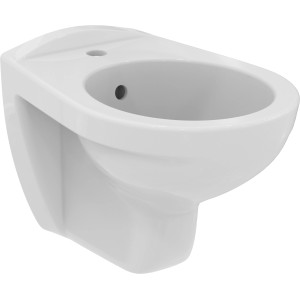Weißes Ideal Standard Eurovit Wandbidet aus Kristallporzellan mit Hahnloch und Überlauf.