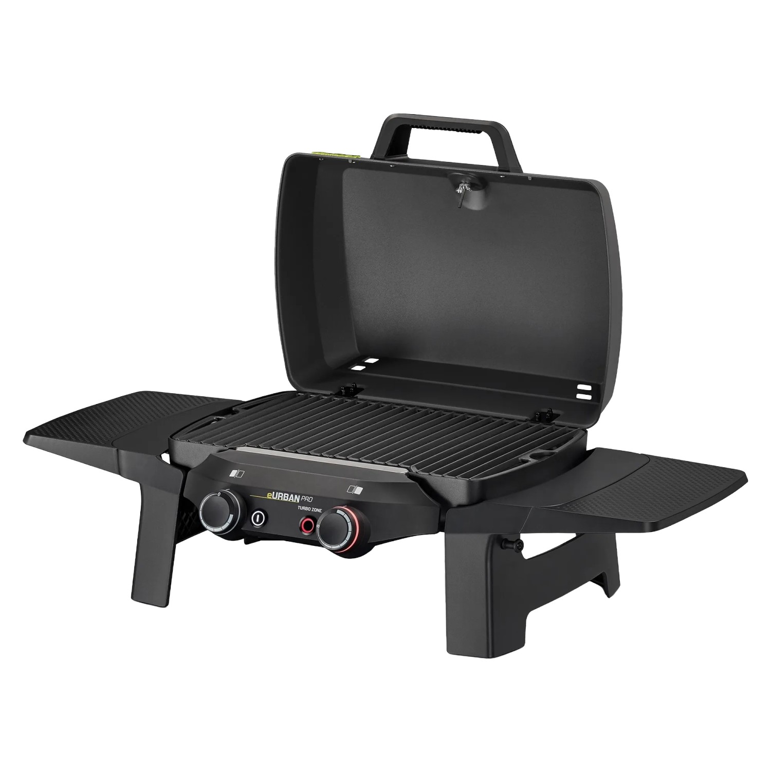 Enders Elektrogrill eUrban Pro 2 Turbo Mobil mit geöffnetem Deckel und Seitenablagen.