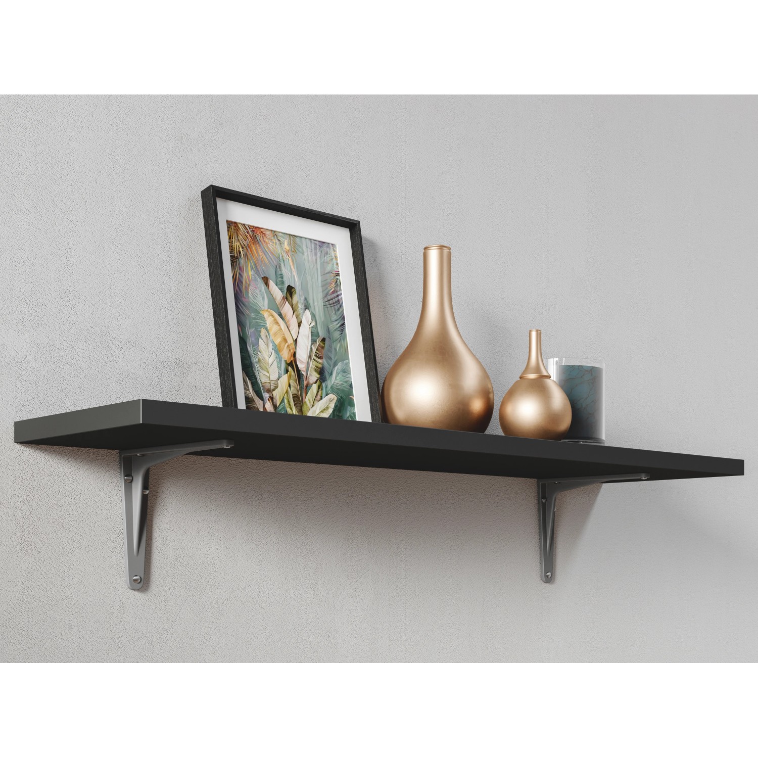 Schwarzes Regal mit OBI Schwerlastkonsole Hercules Aluminium, 150x125 mm, an grauer Wand.