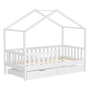 Weißes ML-Design Hausbett 80x160 cm aus Kiefernholz mit 2 Schubladen.