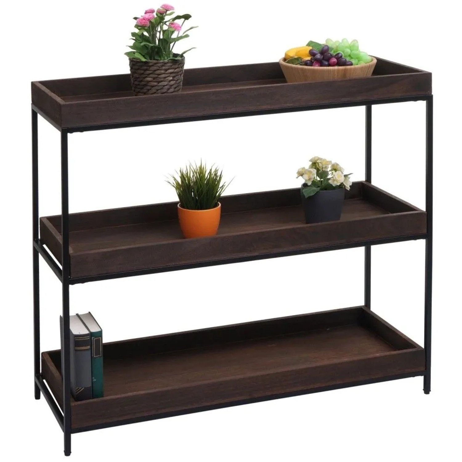 Dunkelbraunes MCW Regal K71 mit drei Holzablagen, Kante und schwarzem Eisen-Gestell.