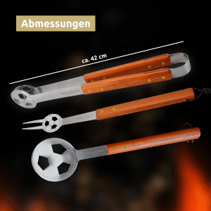 deluxe4home Grillset: Grillzange, Gabel und Wender mit Fußball-Design. Grillutensilien für die EM 2024.