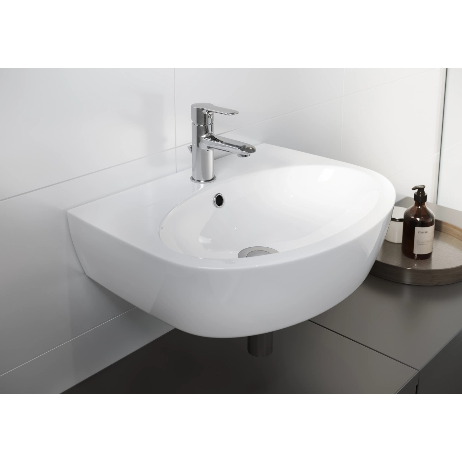 Weißes Cersanit Waschbecken PA60, ovale Form, mit Armatur, zur Wandmontage.
