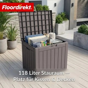 Geöffnete, braune Floordirekt Gartenbox in Holzoptik mit Kissen und Decken. Wetterfeste Auflagenbox mit 118L Stauraum.