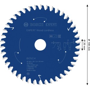 Blaues Bosch Kreissägeblatt Expert Wood Cordless für Holzbearbeitung.