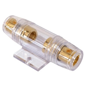 Dynavox Sicherungshalter für Glassicherungen, transparentes Gehäuse mit vergoldeten Kontakten.