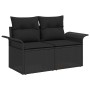 Schwarze 2-Sitzer Garten-Sofagarnitur aus Poly Rattan mit Kissen.