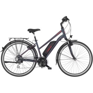 Fischer E-Bike Trekking ETD 1806: Graues E-Bike mit Gepäckträger und Akku am Rahmen.
