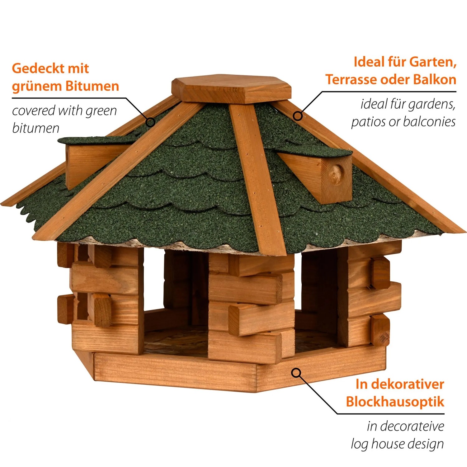 Sechseckiges Dobar Vogelhaus in Blockhausoptik mit grünem Bitumendach aus Holz für Garten, Terrasse.