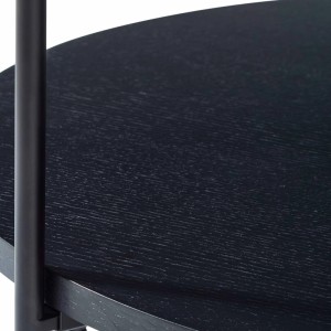 Schwarzer, runder Couchtisch mit Holzmaserung und schwarzem Metallgestell. Zweistufiger Wohnzimmertisch aus Massivholz.
