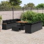 Schwarzes 11-tlg. vidaXL Garten-Sofa-Set aus Poly Rattan mit Tisch und Kissen.