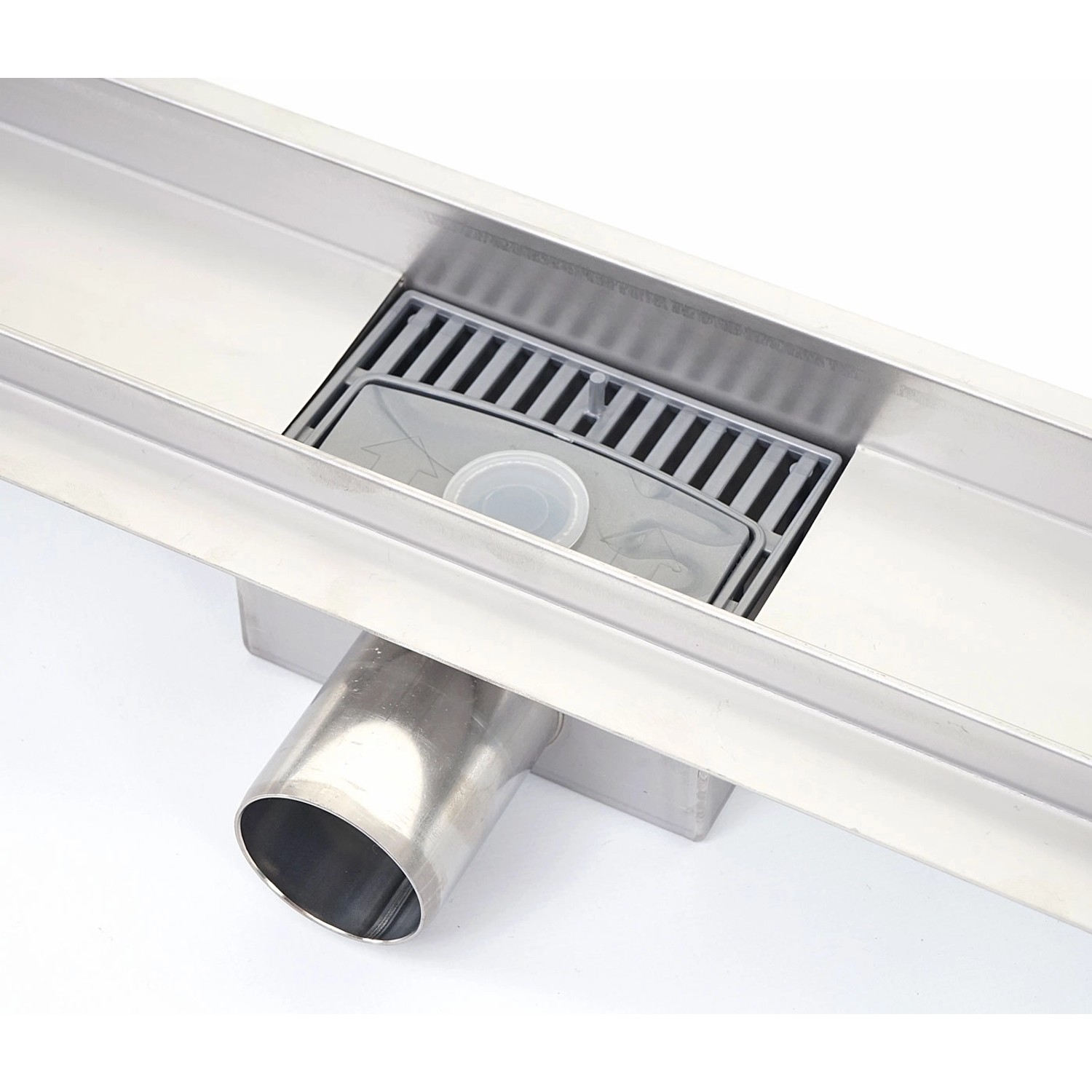 Edelstahl Duschrinne 100cm mit Siphon und herausnehmbarem Sieb für ebenerdige Dusche.