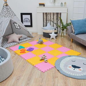 LittleTom Baby & Kinder Puzzlematte pink-gelb im Kinderzimmer. 18-teilige EVA Schaum Spielmatte, 30x30 cm, Bodenschutz.