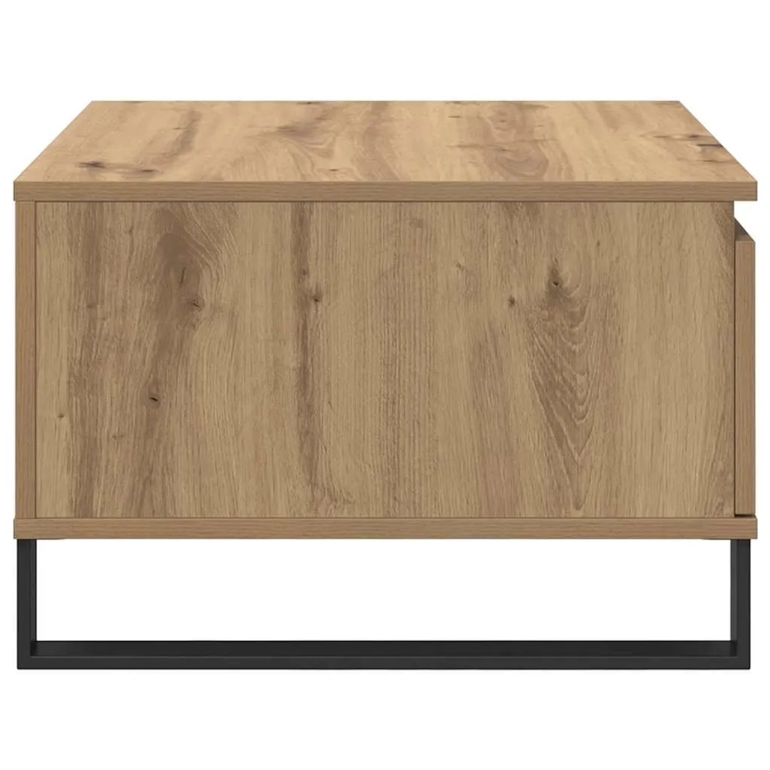 Quadratischer Couchtisch Artisan-Eiche aus Holzwerkstoff mit integrierter Schublade und schwarzem Metallgestell.