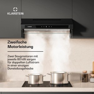 Klarstein Purista Force Dunstabzugshaube in Schwarz über Kochfeld mit zwei Töpfen.