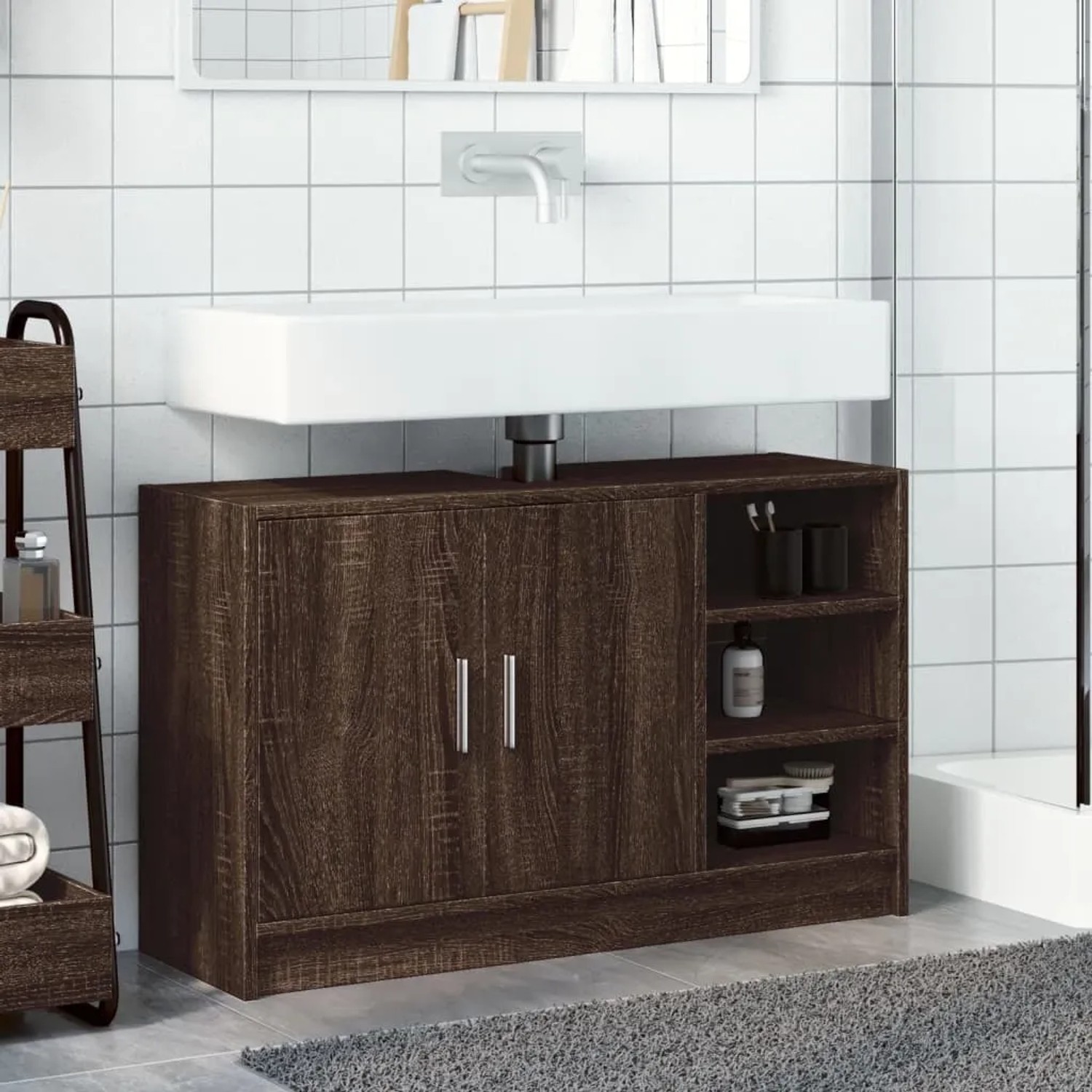 vidaXL Waschbeckenunterschrank in Braun Eichen-Optik mit Stauraum.