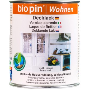 Biopin Decklack Weiß, 750ml Dose für deckende Holzveredelung im Innenbereich.
