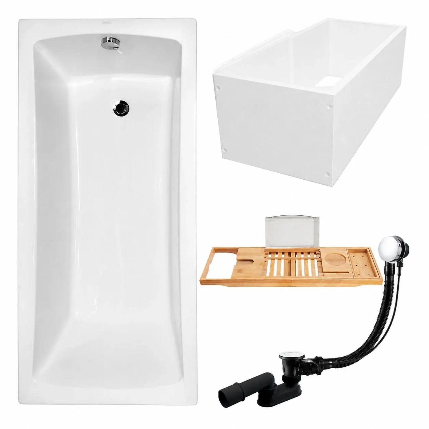 KOLMAN Badewanne Rechteck 150 x 70 Cm Mit Wannenträger Mit Bambus Badewannenablage Inkl. Ablauf Und Füße