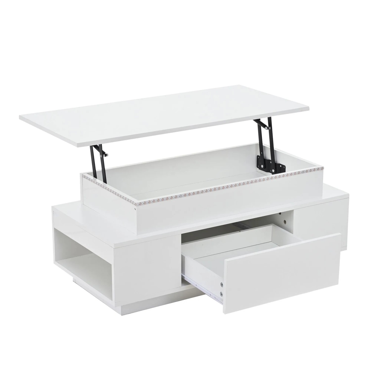 ModernLuxe Couchtisch Höhenverstellbar mit Stauraum 1 Schublade LED Spanplatte Weiß