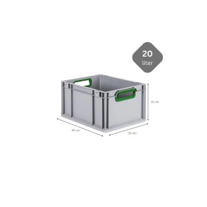Graue PROREGAL Eurobox 20L mit grünen Griffen, 30x40x22cm, als Aufbewahrungsbox.